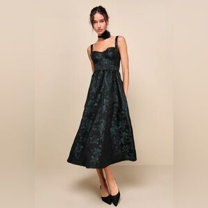 LULUS Dramatically Romantic Black Floral Jacquard Bustier Midi Dress ❤️NWT❤️
